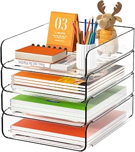 FANXIYQ 4-Tier Acrylic Paper Tray Organizer, Clear Stackable Desk File Sorter for Documents, Files, Letters, A4 Paper, Books, Notes, Mail & Paper Storage, Office Classroom Home
