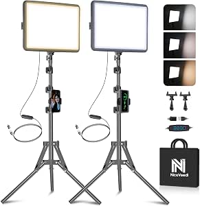 2-Pack LED Video Light Kit, NiceVeedi Studio Light, 2800-6500K Dimmable Photography Lighting Kit with Tripod Stand & Phone Holder, 73" Stream Light for Video Recording, Game Streaming, and YouTube