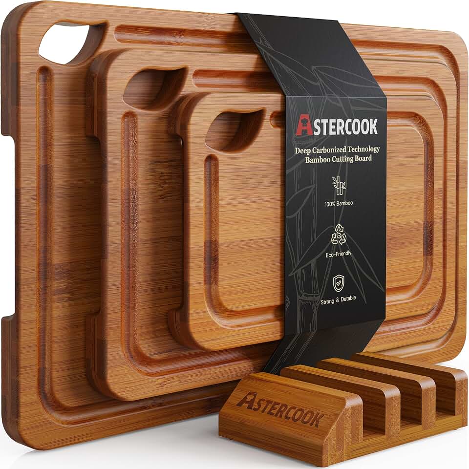 Astercook Deep-Carbonized Bamboo Cutting Boards for Kitchen with Wood Storage Stand, Reversible Charcuterie &amp; Chopping Boards featuring Juice Grooves and Easy-Grip Handles, Fathers Day Gift for Men