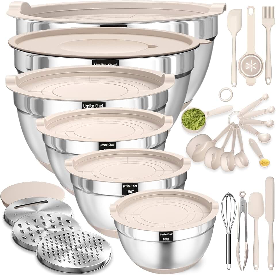 Mixing Bowls with Airtight Lids Set, 26PCS Stainless Steel Khaki Bowls featuring Grater Attachments, Non-Slip Bottoms &amp; Kitchen Gadgets Set, Size 7, 4, 2.5, 2.0,1.5, 1QT, Great for Mixing &amp; Serving