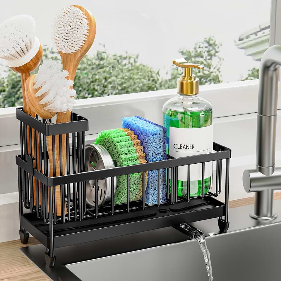 Cisily Sponge Holder for Kitchen Sink, Sink Organizer with Brush Holder | Kitchen Countertop Storage and Organization Essentials, Rustproof 304 Stainless Steel (Black, 9.25″)