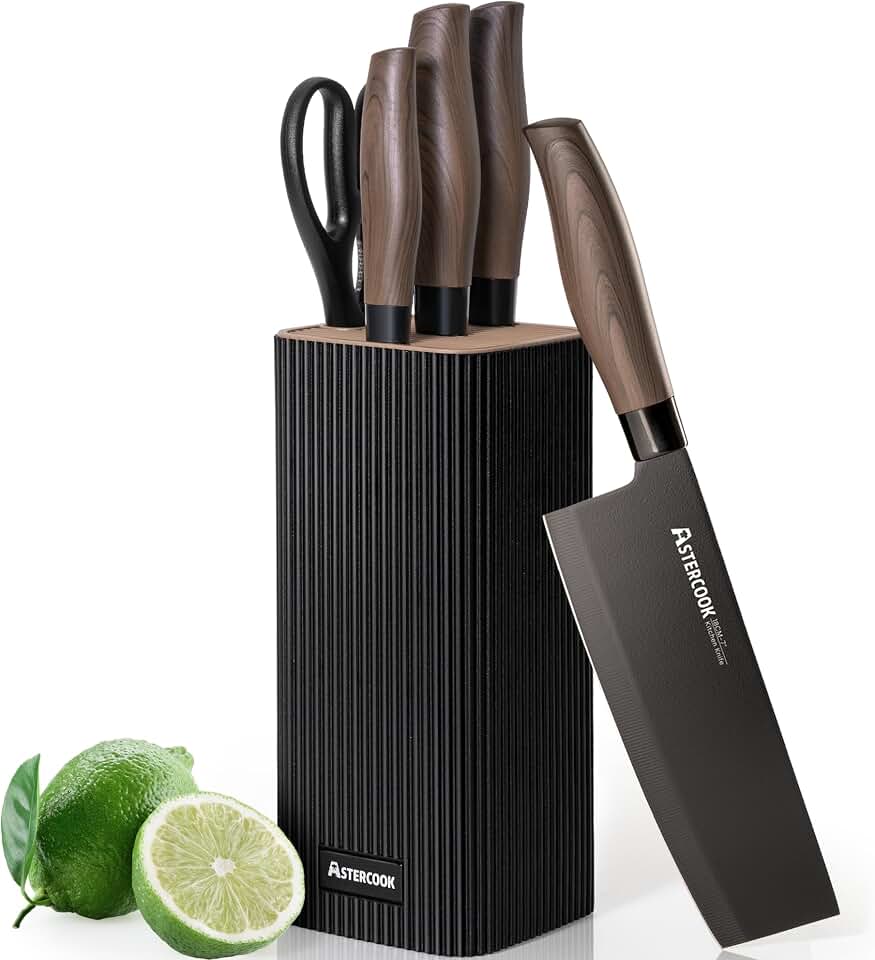 Astercook Knife Set, 6-Piece Kitchen Knife Set with Block, High Carbon Stainless Steel Ultra Sharp Kitchen Knives, Wood Grain Handle, Dishwasher Safe Knife Block Set, Black, Kitchen Utility Cutlery