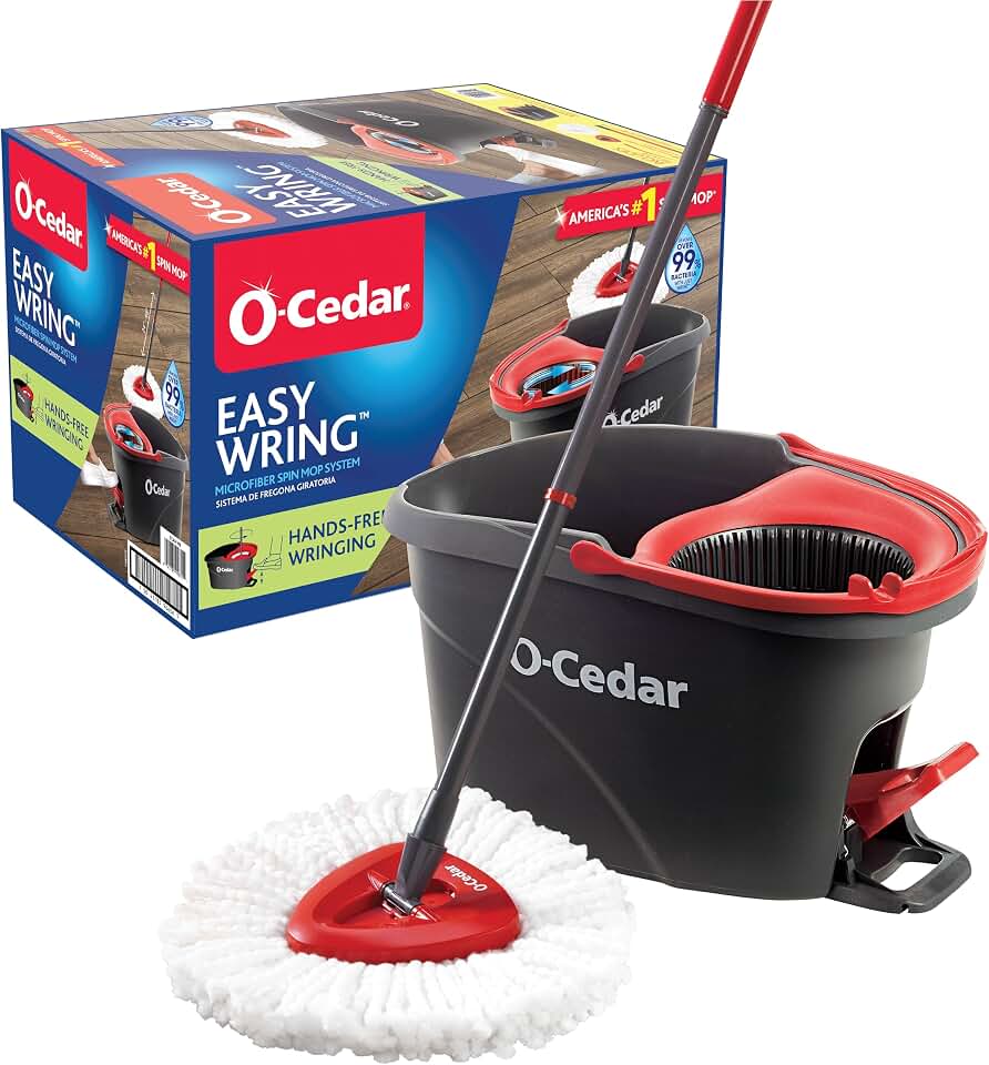 O-Cedar EasyWring Microfiber Spin Mop, Bucket Floor Cleaning System, Red, Gray, Standard | Clean Better with Reusable Washable Refills, Ideal for Hardwood, Tile, Laminate and More