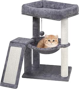 YOUPET Cat Tree featuring Cat Scratching Post for Indoor Cats, Cat Tower with Scratching Board and Playful Toy Balls, Cat Tree Tower with Cozy Hammock,Grey