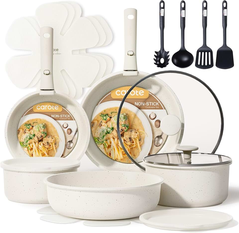 CAROTE 19pcs Pots and Pans Set Non Stick, Detachable Handle Cookware | Kitchen Cooking Sets, Space Saving, Dishwasher &amp; Oven Safe, Non-Toxic, for Camping/RV/Travel, Cream White