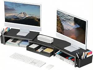 OPNICE Desk Organizers and Accessories, Dual Monitor Stand Riser with Drawer plus 2 Pen Holders, Desk Shelf Computer Racks for Office Workspace Organizers, Desktop Organization (Black)