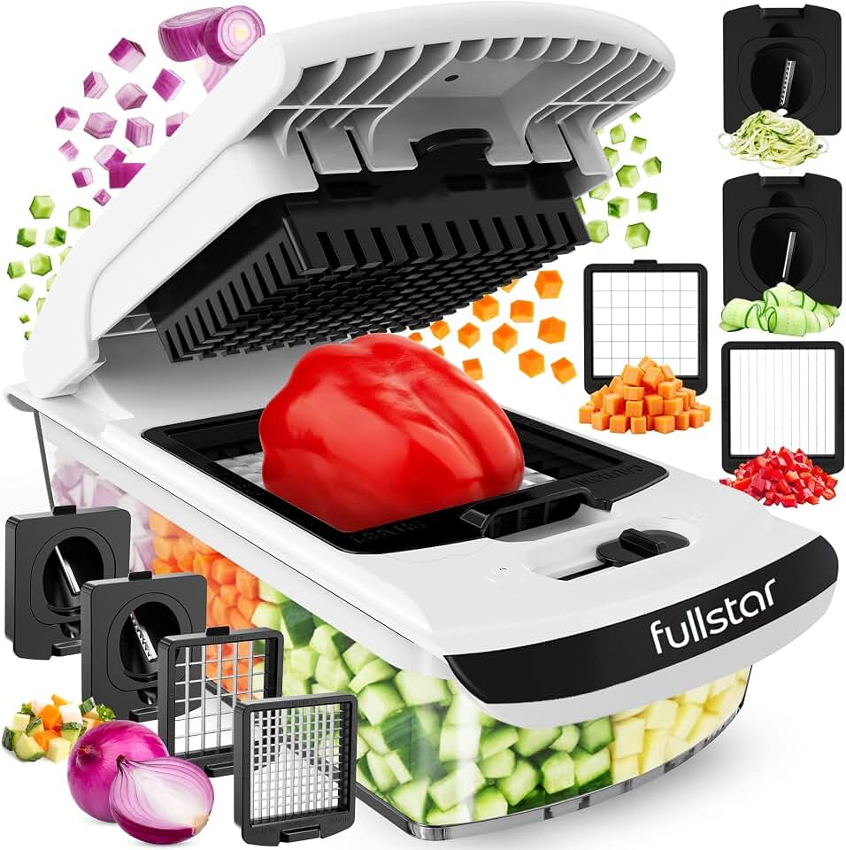 Fullstar Pro Original Vegetable Chopper &amp; Spiralizer, Kitchen Prep Tool | 4 in 1 Veggie Slicer, Onion &amp; Fruit Cutter with Sharp Stainless Steel Blades &amp; Container, Ultimate Food Prep Tool (White)