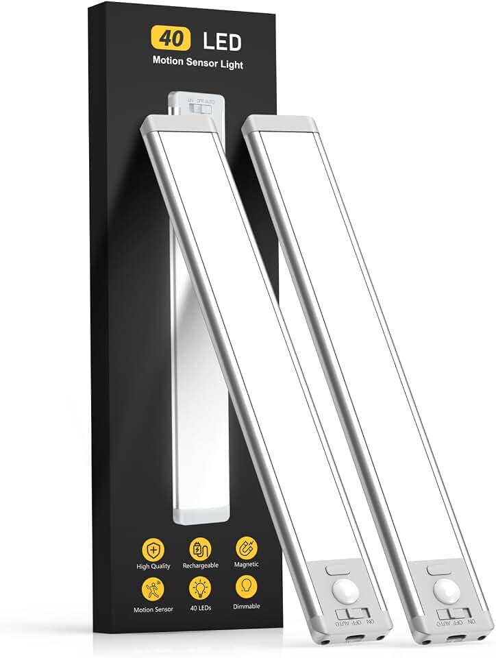 MCGOR 10inch Under Cabinet Lighting, 2 Pack Rechargeable Motion Sensor Light Indoor, 5 Levels Dimmable Magnetic Closet Lights, Wireless Under Counter Fixtures for Kitchen, Stairs