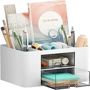 Marbrasse Pen Organizer with 2 Drawers, Multi-Functional Pencil Holder for Desk, Desk Organizers and Accessories with 5 Compartments + Drawer for Office Art Supplies (White)