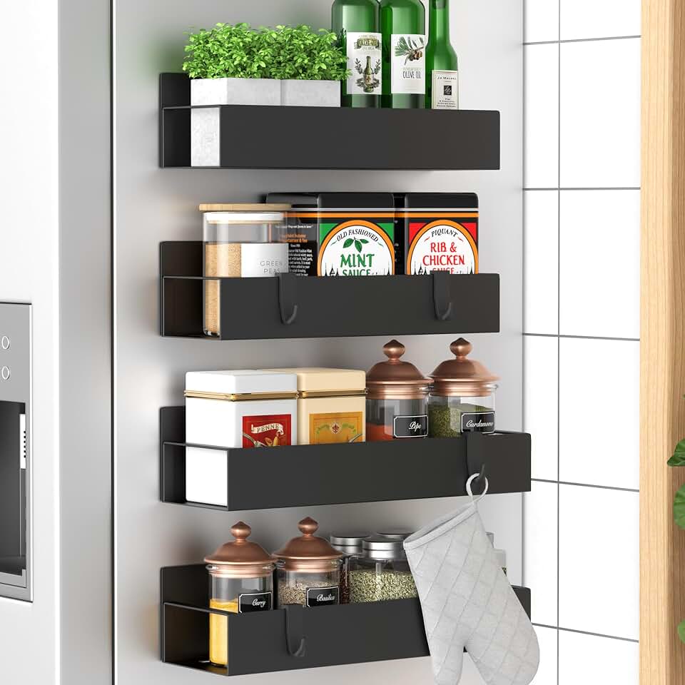 HuggieGems Metal Magnetic Spice Rack for Refrigerator Black, 4 Pack | Magnetic Shelves Heavy Duty for Fridge in Kitchen, Seasoning Storage Organizer, For Oven Washer and Dryer, For Heavier Objects