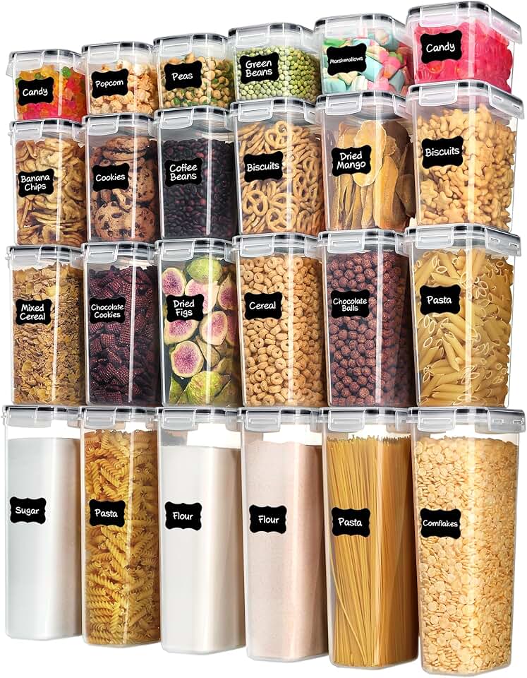 Vtopmart Airtight Food Storage Containers with Lids, 24 pcs, Black | For Cereal Pasta Snack Flour Sugar, BPA Free, Airtight Seal, Various Sizes, Dishwasher Safe (Not Lids), Includes 24 Labels ClimeCo Certified