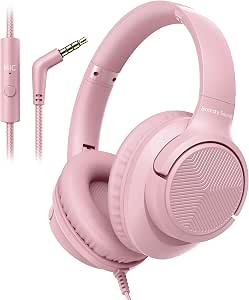 Wired Headphones with Microphone for School, 3.5mm Corded Headset, Pink