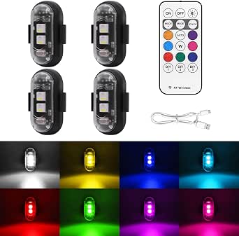 4PCS Wireless LED Strobe Lights with Remote Control, 8 Colors USB Charging Waterproof Anti-Collision Led Emergency Warning Lights for Cars Motorcycles Drones Aircraft Bikes