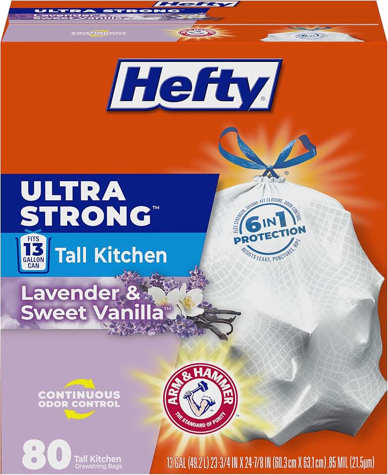 Hefty Ultra Strong 13 Gal Kitchen Trash Bags, White, Lavender Vanilla, 80ct | 13G Tall White Garbage Bags with Drawstrings for Kitchen and Home Use, Resists Leaks, Punctures, Rips, Continuous Odor Control