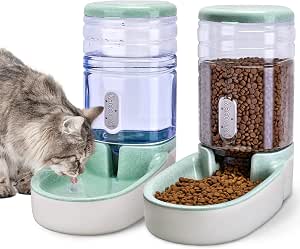 Kacoomi Automatic Dog Cat Feeder and Water Dispenser Gravity Food Feeder and Waterer Set with Pet Food Bowl for Small Medium Dog Puppy Kitten, Large Capacity 1 Gallon plus 2