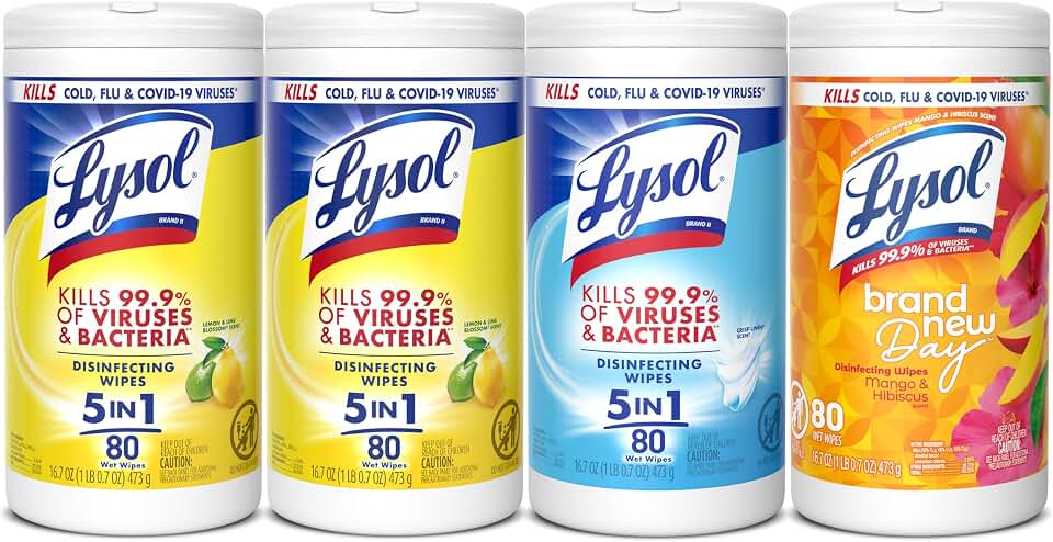 Lysol Disinfecting Wipes, Cleaner, Lemon + Mango + Linen, 80 ct. (4 Pack) | Multi Purpose Cleaner, Sanitizing, Deodorizing, Apartment Essentials, Back To School Cleaning Supplies, Kitchen &amp; Bathroom Wipe