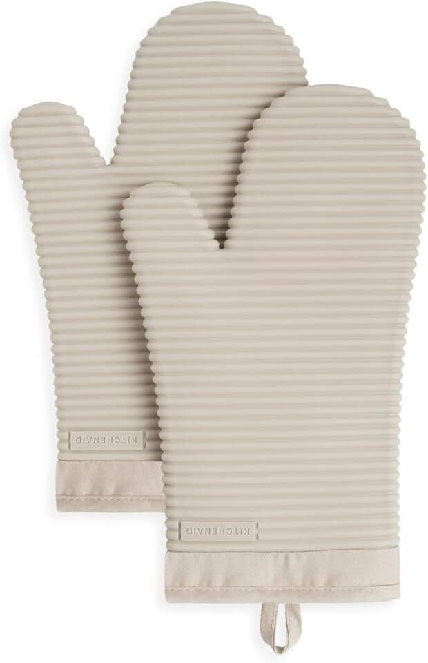 KITCHENAID Ribbed Soft Silicone Oven Mitt 2-Piece Set, 7.5"x13", Milkshake Tan