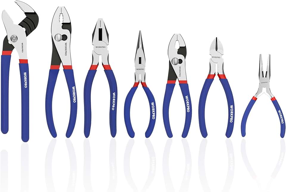 WORKPRO 7-Piece Pliers Set, Pliers Tool Kit with Comfort Grip, Blue | Groove Joint Plier, Long Nose Pliers, Slip Joint Pliers, Linesman Plier, Diagonal Pliers for DIY &amp; Home Use