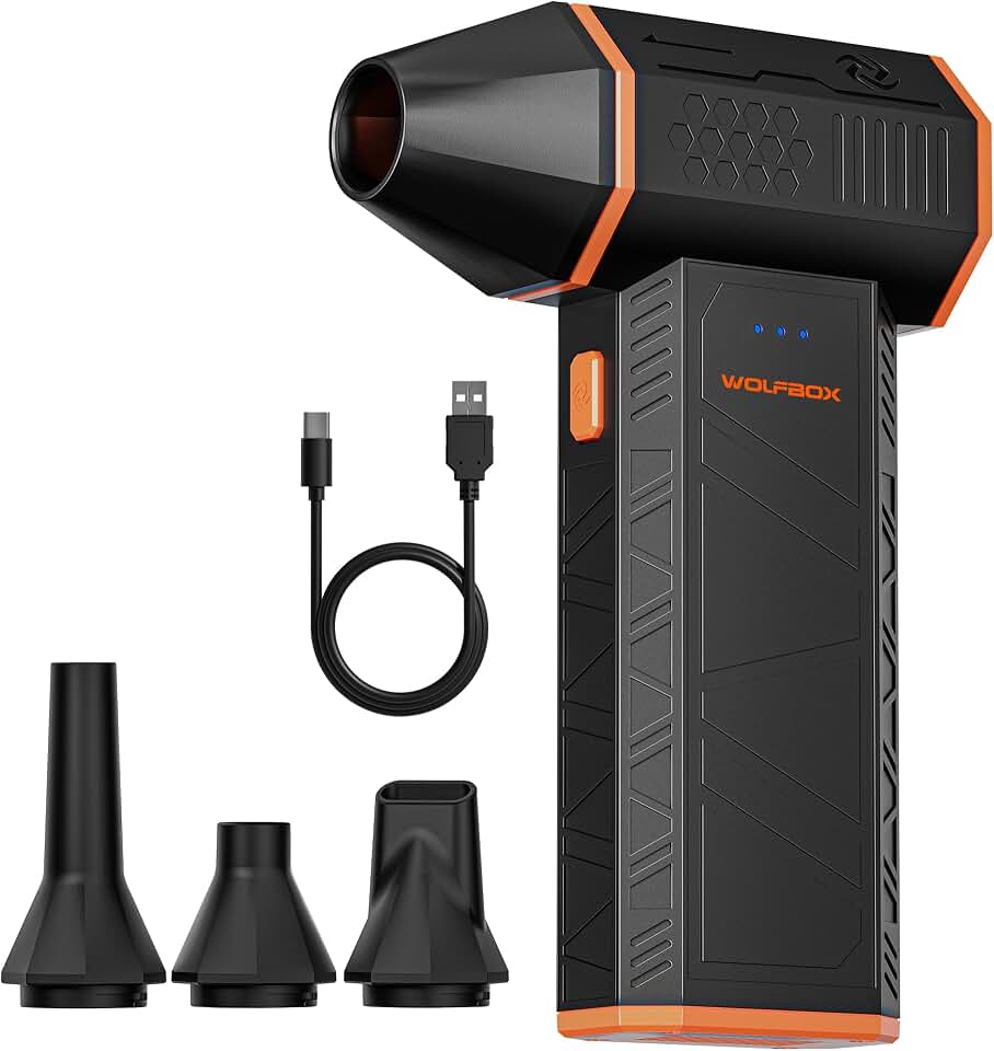 WOLFBOX MegaFlow 50 Compressed Air Duster, 110,000 RPM, 3-Gear Adjustable | Electric, Mini Blower, Fast Charging, Computer, Keyboard, House, Outdoor, Car, 0.45 lb Lightweight, with 4 Nozzles