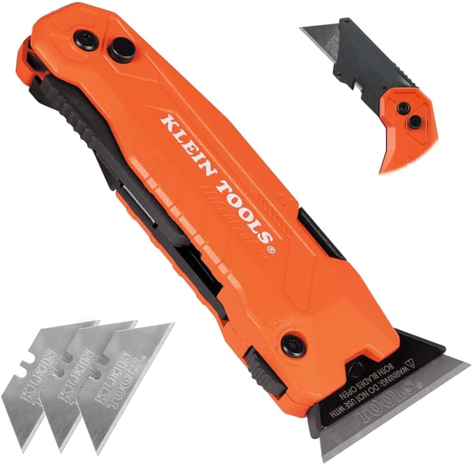 Klein Tools 44306 FLICKBLADE 2-in-1 Folding Utility Knife and Scraper with Internal Blade Storage, Dual Locking Positions, Includes 3 Triple-Ground Carbon Steel Blades