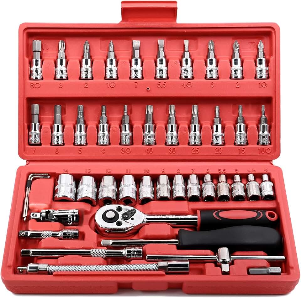 Egofine 46 Pieces 1/4 inch Drive Socket Ratchet Wrench Set, featuring Bit Socket Set Metric and Extension Bar for Auto Repairing and Household, with Storage Case