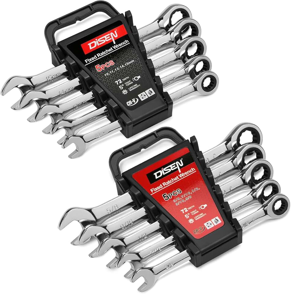 DISEN 10Pcs Ratcheting Wrench Set SAE &amp; Metric Ratchet Wrench Kit with Rack Organizer, Premium CR-v Steel, 12 Point, 72 Teeth,Box End and Open End Ratcheting Wrench Set,Metric 10-15mm&amp;SAE 3/8''-5/8''