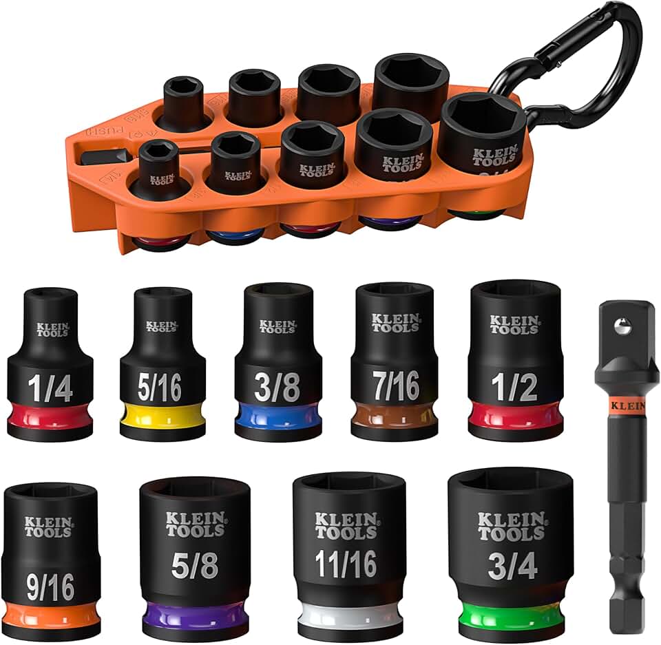 Klein Tools 33809 Grab-And-Go Impact Socket Kit, SAE, 10-Piece Set with Sleeve, Carabiner, and 3/8-Inch Drive, Color-Coded 1/4, 5/16, 3/8, 7/16, 1/2, 9/16, 5/8, 11/16, and 3/4-Inch