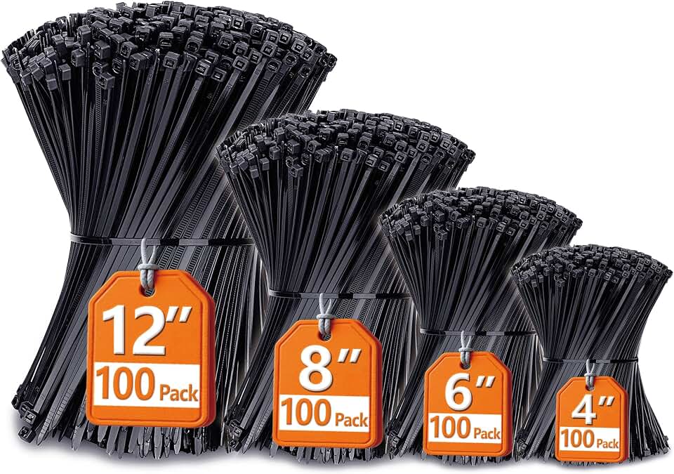 Assorted Zip Ties Sizes(4”+6”+8”+12”), 400 Pack, Black Cable Ties, UV Resistant Wire Ties by ANOSON