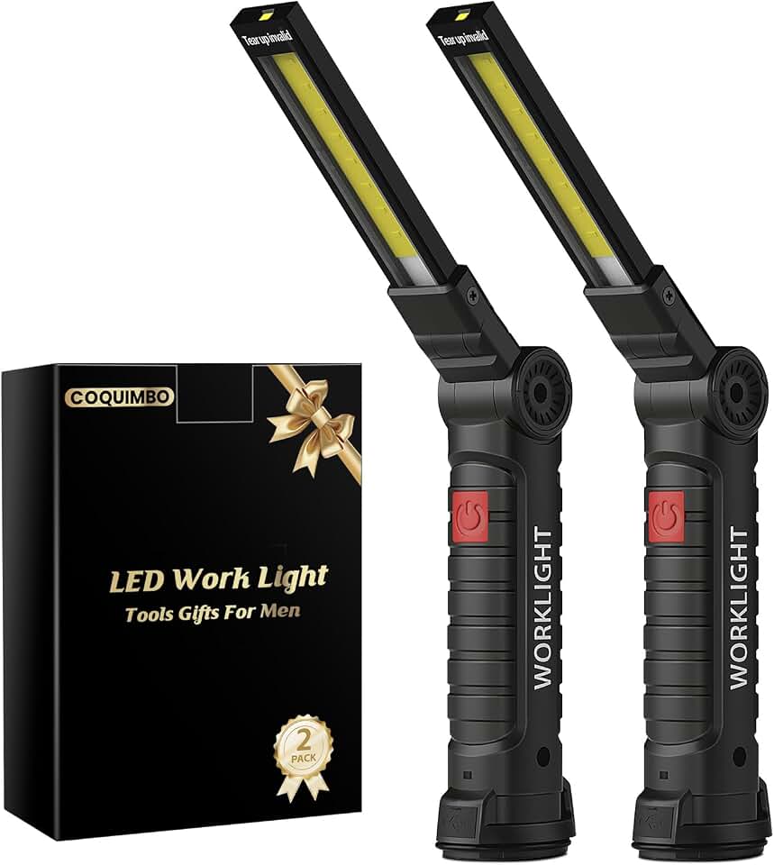 Coquimbo 2 Pack Rechargeable Work Light, Christmas Tool Gifts for Men Dad | Mens Stocking Stuffers for Adults Husband, LED Flashlight, BBQ Light Grill Accessories featuring Magnetic Base and Hook (Black)