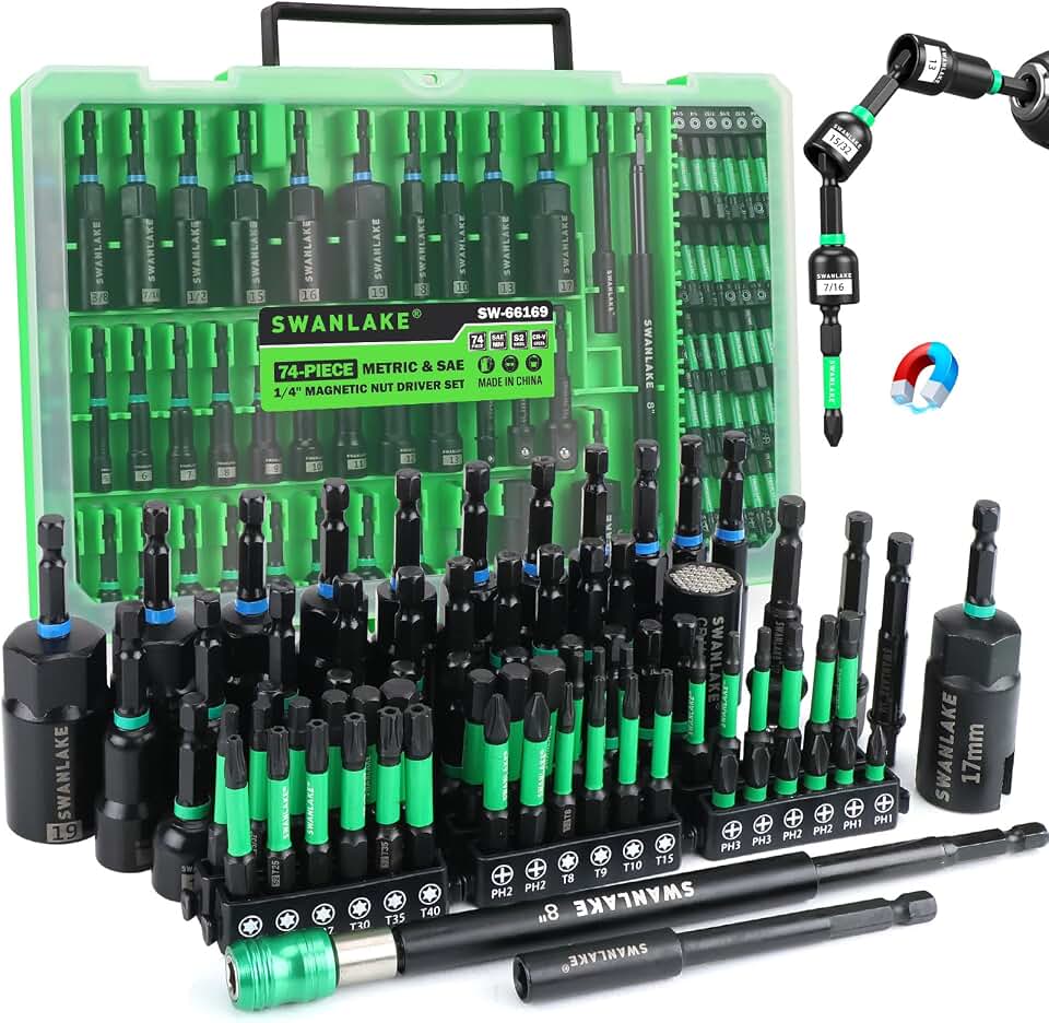 74-Piece Magnetic Nut Driver Kit for Impact Drill Metric &amp; SAE, Impact Socket Adapter, Power Bits with Magnetic Holder, Wing Nut Driver, Universal Socket, 1/4'' Quick-change Bit Extension