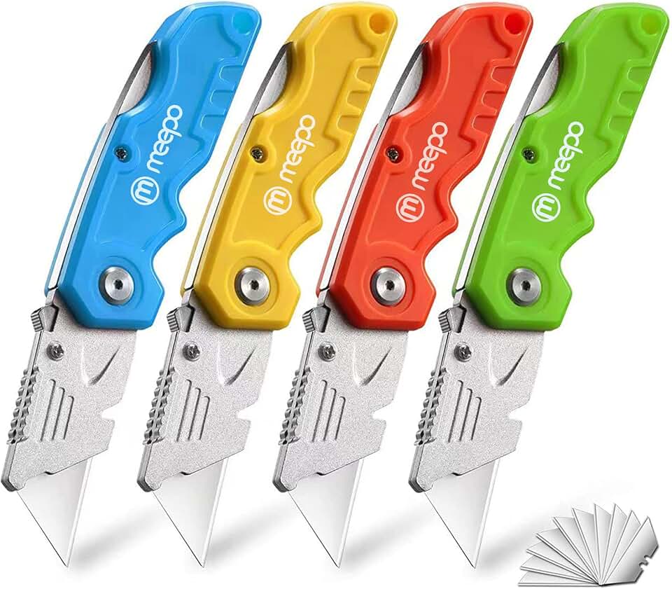 M MEEPO 4-Pack Box Cutter, Colorful Folding Utility Knife w/ 10 pcs Blades | Tough Design, Razor Sharp Blade, Comfortable Handle, Can cut Drywall, Sheet Plastic, Linoleum, Cartons, Rope