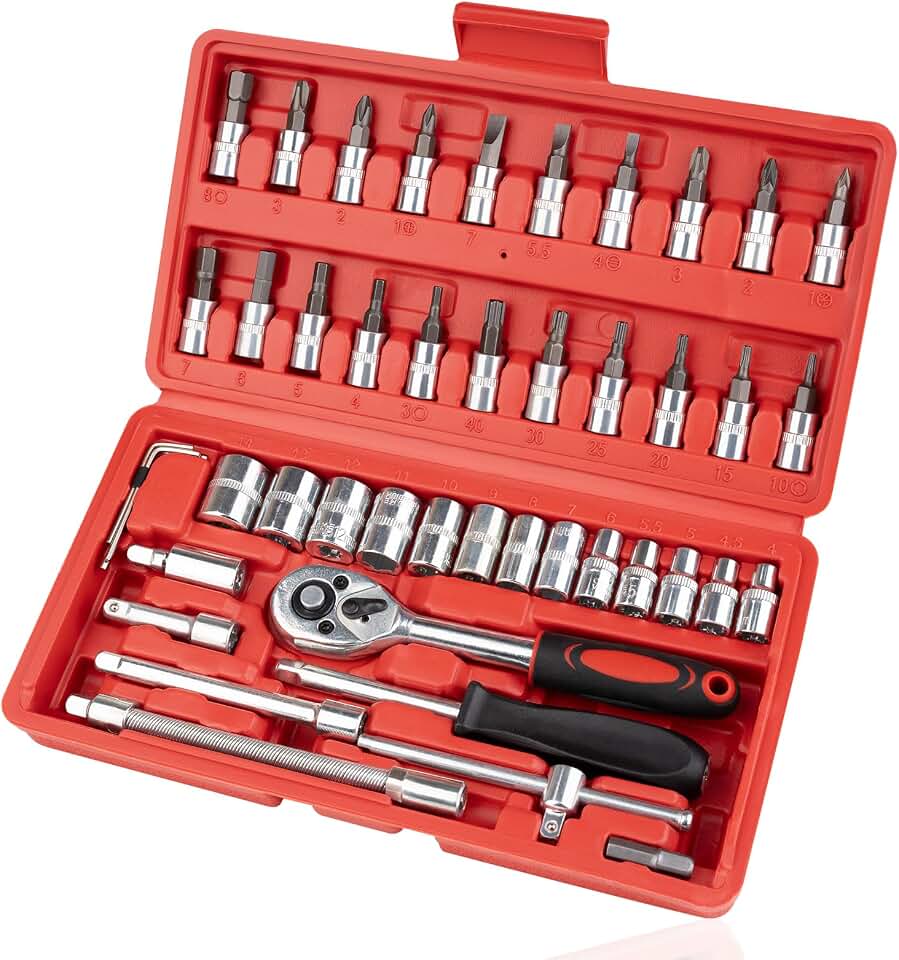 Beaiguna 46PCS Small Drive Socket Ratchet Wrench Screwdriver Set, 1/4 Inch Metric Socket and Ratchet Wrench Kit with Extension Bar, Upgrade Compact Tool Set for Car