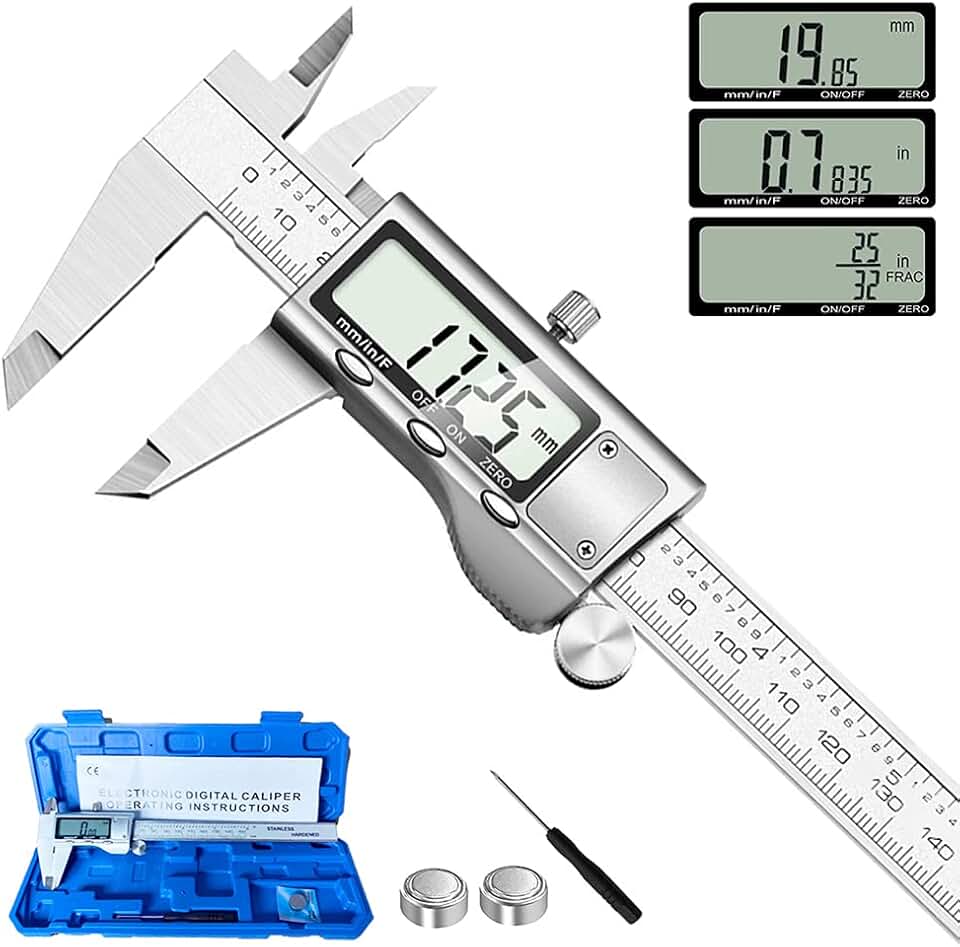 Digital Caliper Measuring Tool, Stainless Steel Vernier Caliper Digital Micrometer featuring Large LCD Screen, Easy Switch from Inch Metric Fraction, 6 Inch Caliper Tool for DIY/Household