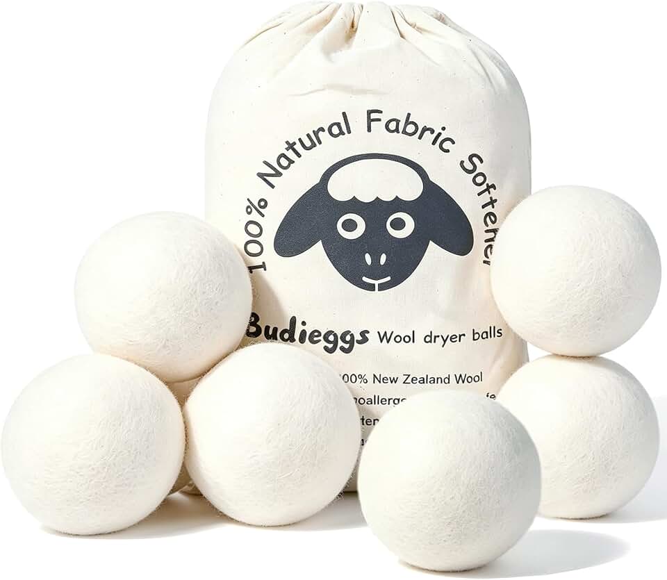 Budieggs Wool Dryer Balls XL 6-Pack, 100% New Zealand Wool Handmade | Chemical-Free Natural Fabric Softener Reusable, Reduces Wrinkles, Tangling, Drying time &amp; Static Cling, Lasts 1000+ Loads