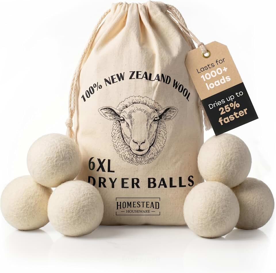 XL Wool Dryer Balls 6-Pack – 100% New Zealand Wool, Natural Fabric Softener &amp; Static Reducer, Reusable Laundry Balls for Pet Hair, Eco-Friendly Dryer Sheets Alternative