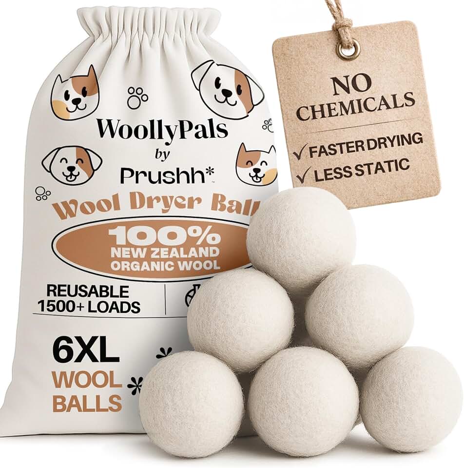 WoollyPals Dryer Balls (6-Pack, XL Size) - 100% New Zealand Wool - No More Dryer Sheets - Eco Dryer Balls - Reusable - Softens Laundry - Reduces Drying Time &amp; Static - with Storage Bag (Plain White) | 100% New Zealand Wool, No More Dryer Sheets, Eco Dryer Balls, Reusable, Softens Laundry, Reduces Drying Time &amp; Static