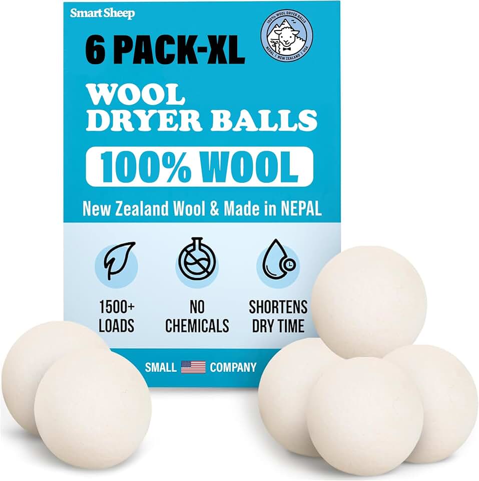 Wool Dryer Balls - Smart Sheep 6-Pack - XL Premium Natural Fabric Softener Award-Winning - Wool Balls Replaces Dryer Sheets - Wool Balls for Dryer - Laundry Balls for Dryer, 6 Count (Pack of 1)