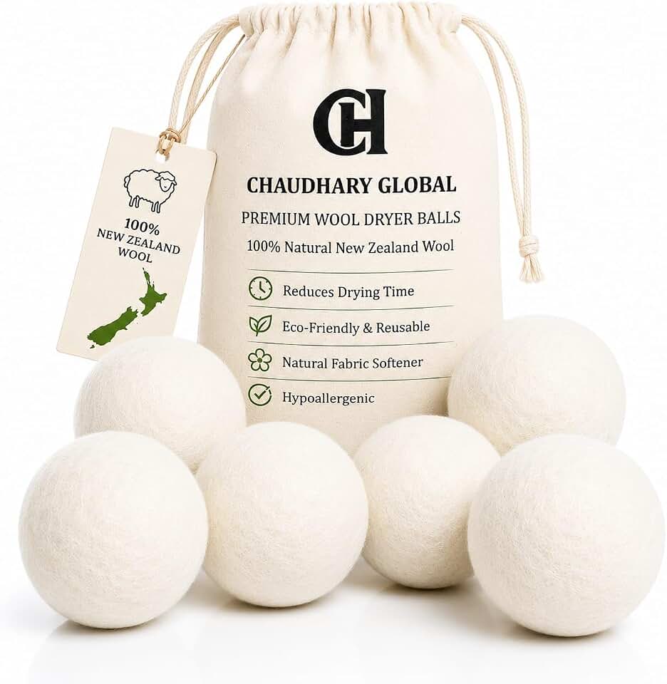 Wool Dryer Balls XL 6-Pack – 100% New Zealand Wool, Reusable Natural Fabric Softener, Reduces Drying Time, Static &amp; Wrinkles, Eco-Friendly Laundry Balls