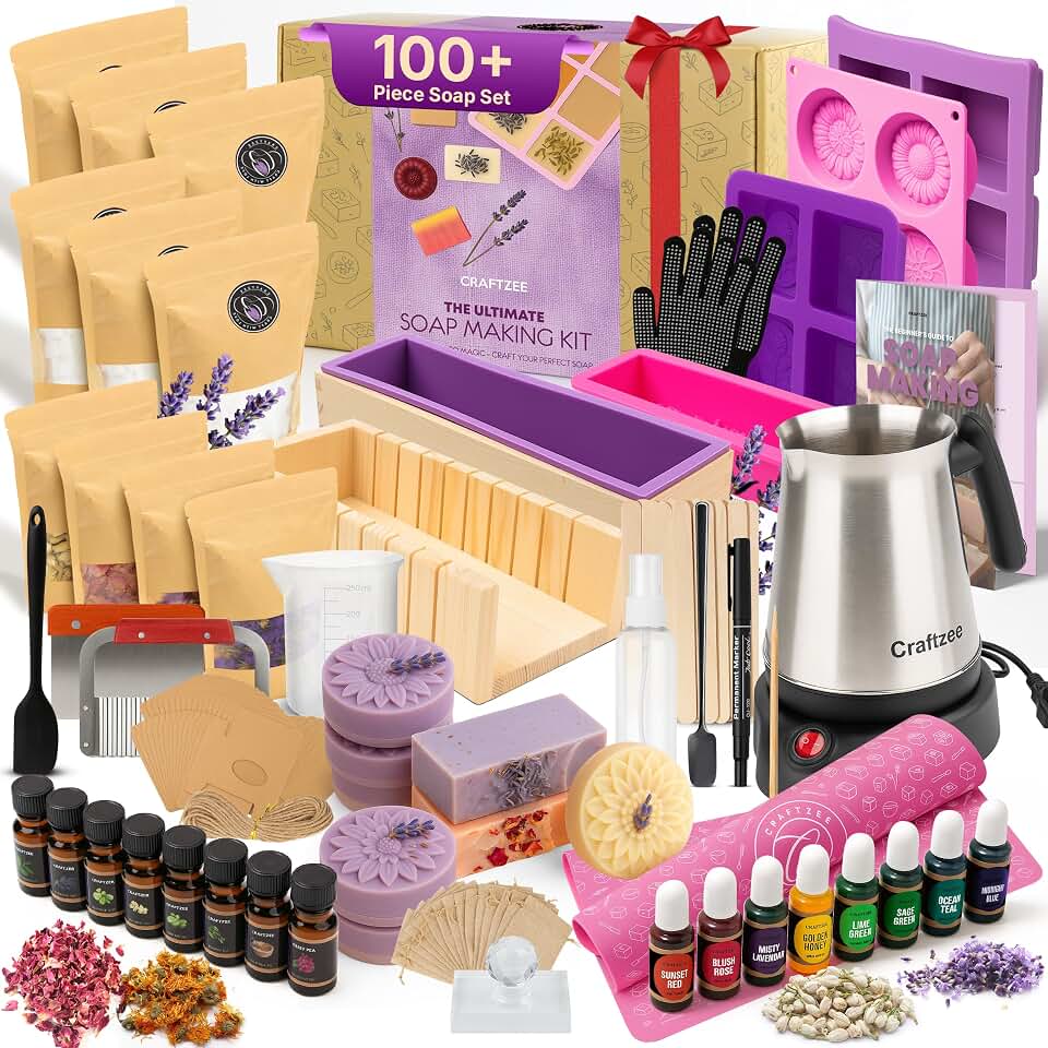 CraftZee 𝗦𝗨𝗣𝗘𝗥 𝗗𝗘𝗟𝗨𝗫𝗘 Soap Making Kit - All-in-One Soap Making Supplies with 6lbs Soap Base, 8 Dyes, 8 Essential Oils, Silicone Molds, Cutters, All Essential Tools &amp; Instructions