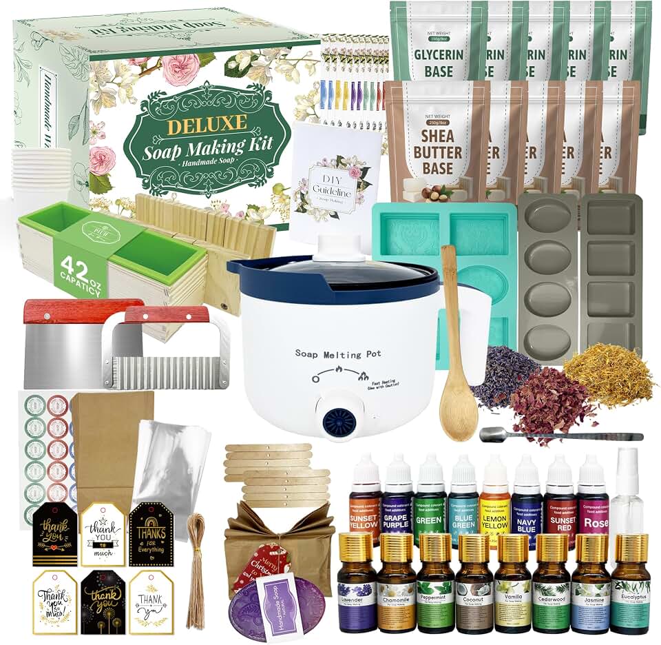 PIUH Deluxe Sopa Making Kit with Soap Supplies for Adults DIY Soaps Maker | DIY Soap Full Set Kits Includes Soap Melter, 4 lb Soap Base, 8 Essencial Oils, Silicone Loaf Molds &amp; Scraper, Cutters, 8 Dyes
