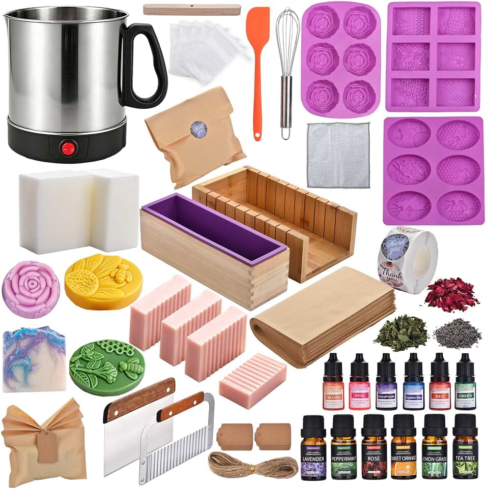 Soap Making Kit for Adults Soap Making Supplies with Melter Pot | 500+PCS Goat Milk Soap Base, Dyes, Essential Oil &amp; Fragrances, 3 Silicone Molds, Cutters, Silicone Loaf Molds for DIY