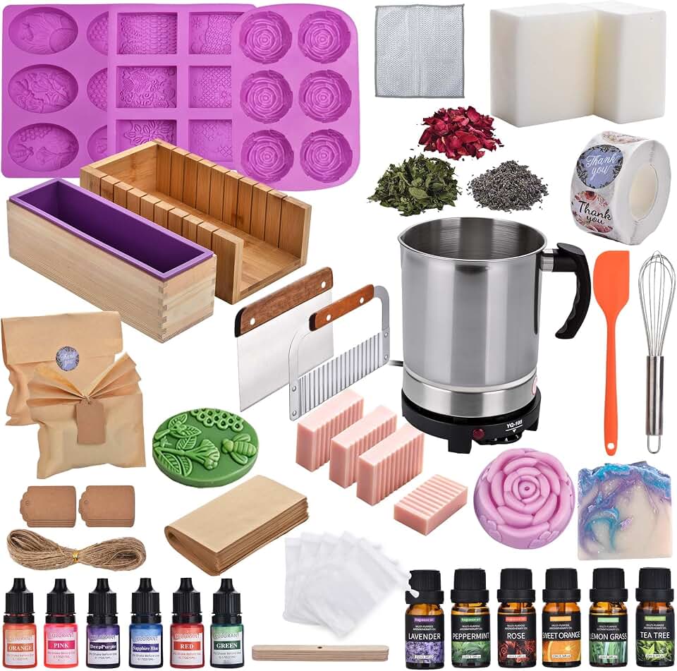 Soap Making Kit All-in-One DIY Soap Making Supplies for Adults | Removable Melter Pot, Goat Milk Soap Base, Dyes, Essential Oil &amp; Fragrances, 3 Silicone Molds, Cutters, Silicone Loaf Molds
