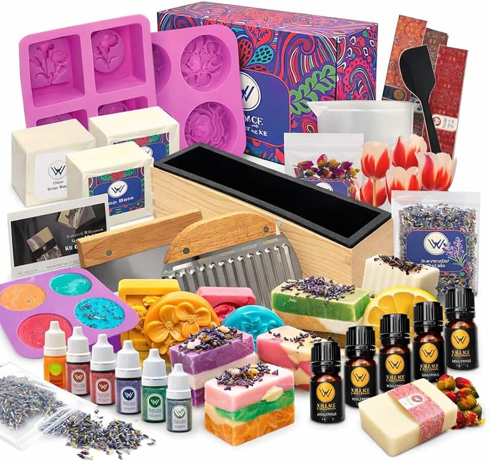 Wallace &amp; Williamson Deluxe Soap Making Kit - Adults &amp; Kids - Modern Floral Theme - Includes Shea Butter Soap Base, Molds, Scents, Dyes, Tools &amp; Instructions