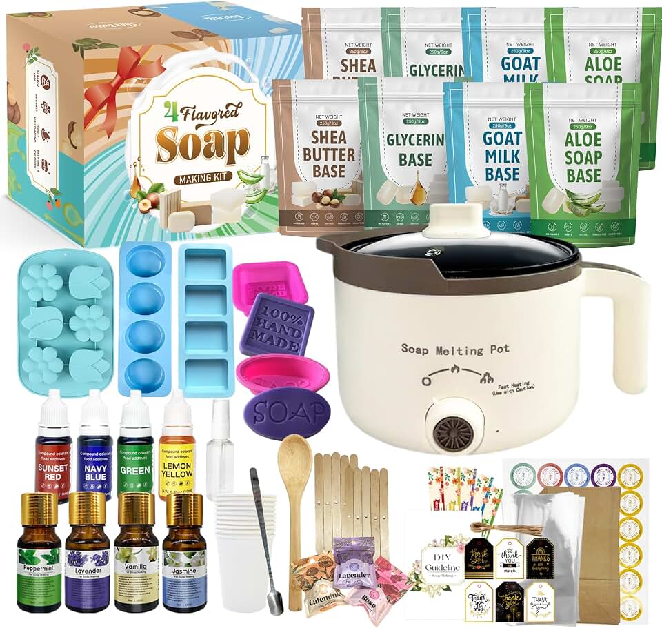 LFISGNN Premium Soap Making Kit with 4 Flavored 4.4 lbs Soap Base | Including Soap Melter, Soap Base (Shea Butter, Glycerin, Aloe, Goat Milk), 4 Essential Oils / Dyes, 5 Soap Molds and Supplies