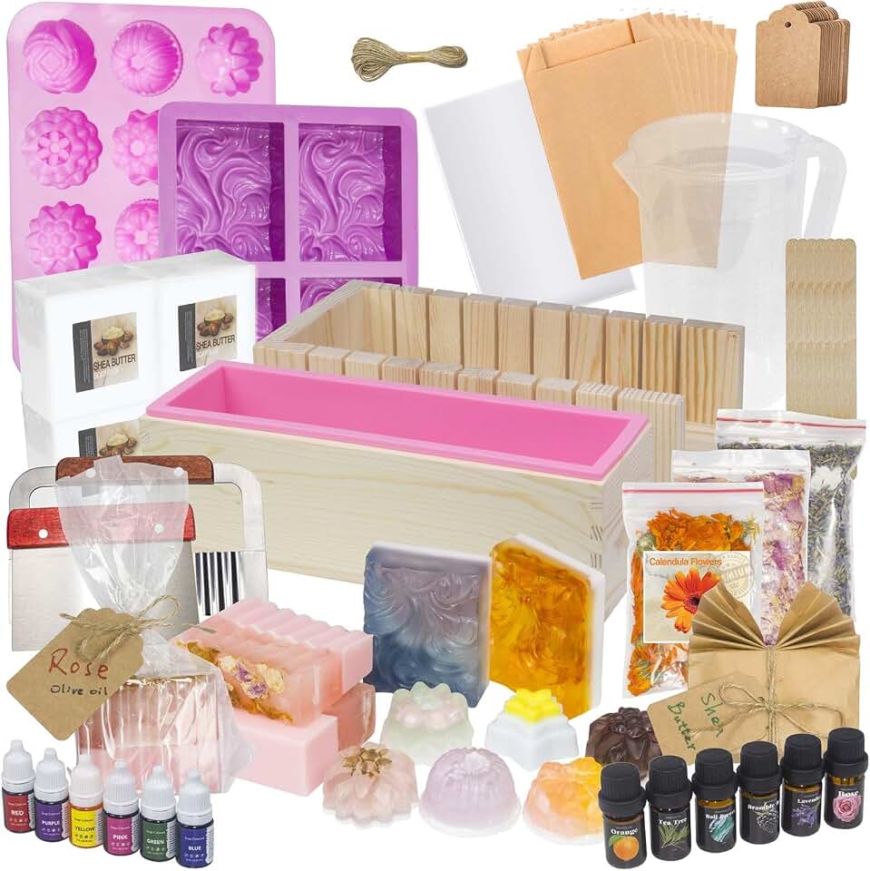 haclum Soap Making Kit for Adults and Kids - Soap Making Supplies with Melt &amp; Pour Soap Base, Soap Loaf Molds, Cutting Box, Silicone Molds, Essential Oil &amp; Fragrances Beginner DIY Craft Kits