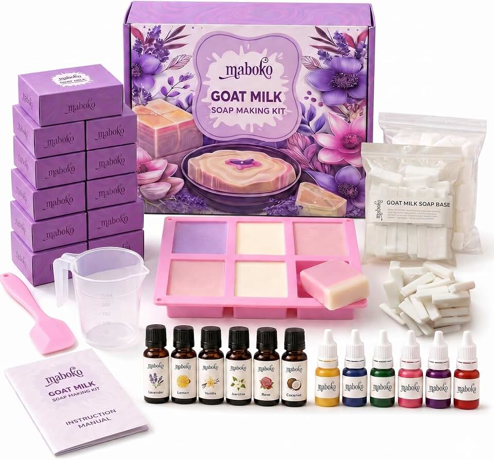 Goat Milk Soap Making Kit for Adults &amp; Beginners – Complete DIY Soap Kit | 2 lb Pre-Cut Goat Milk Soap Base, 6 Scents, 6 Colors, Silicone Mold &amp; 10 Gift Boxes – Easy Melt &amp; Pour Soap Craft Set
