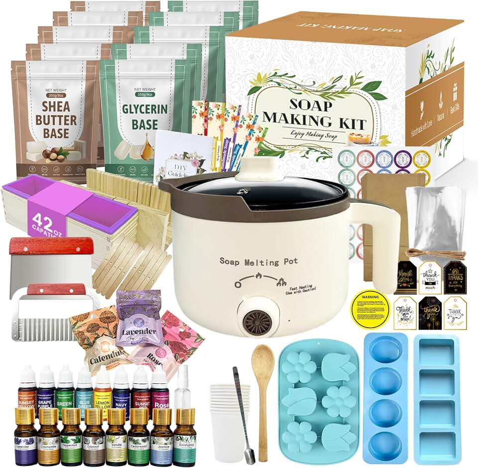 LFISGNN Deluxe Soap Making Kit for Adults DIY Soaps | All in One Soap Making Supplies Including Soap Melter, 4.4 lbs Soap Base, 8 Essential Oils, 8 Dyes, 4 Soap Molds and Packings