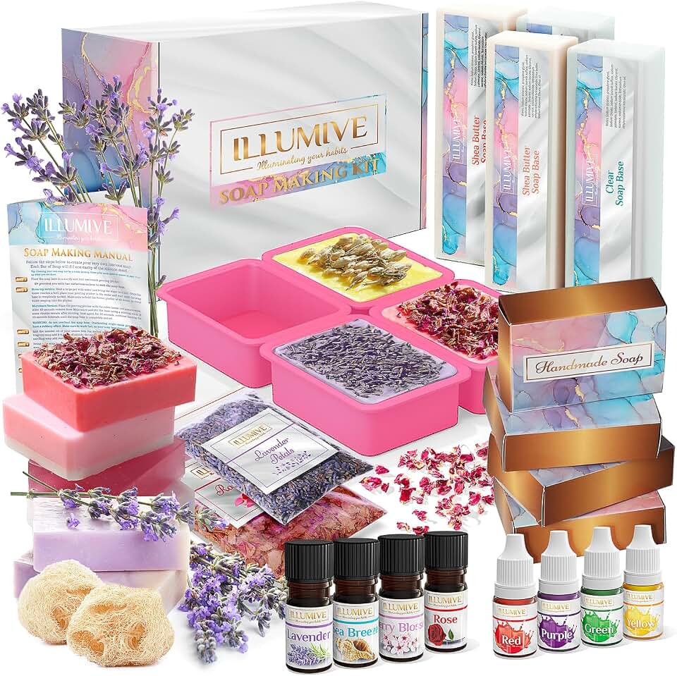 Illumive Soap Making Kit - Glycerin &amp; Shea Butter Soap Base, Soap Molds, Dried Flowers, Fragrances, Dye - DIY Craft Kit for Adults &amp; Kids