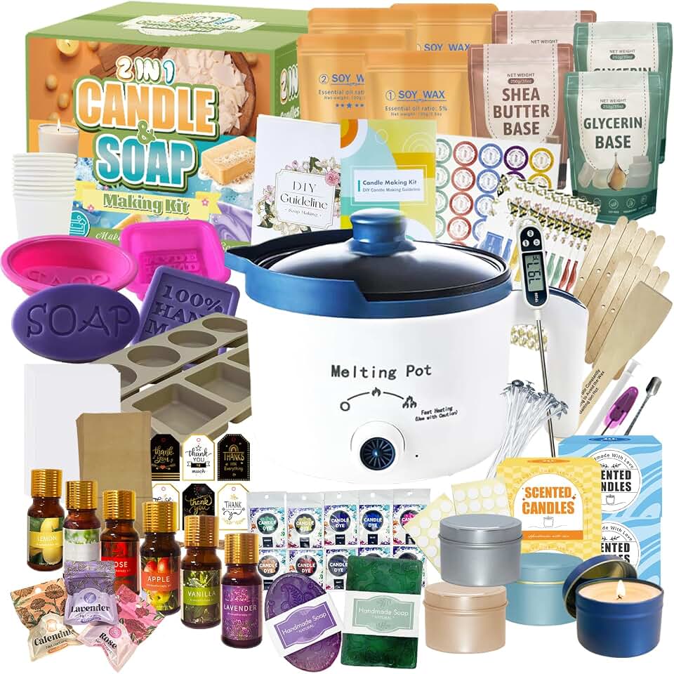 PIUH 2-in-1 Candle &amp; Soap Making Kit for Adults Begineers DIY Craft Kit | Complete Candle and Soap Supplies Kit with Melter, DIY Kit Make Soaps and Scented Candles, Soap Base, Soy Wax, Molds