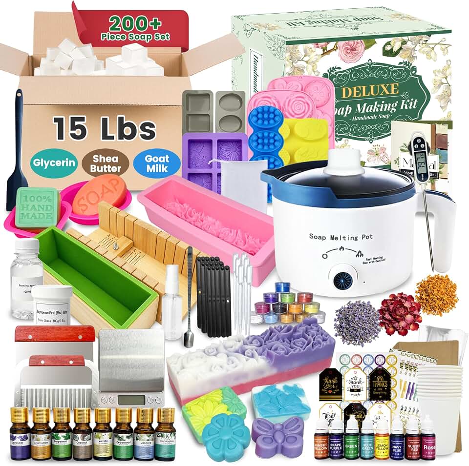 PIUH Super Deluxe Soap Making Kit with All Soap Making Supplies for Adults | All in one Soap Kit with Soap Melter, 15lbs 3 Types Soap Base, 10 Silicone Molds, Digital Scale, Thermometer &amp; Supplies